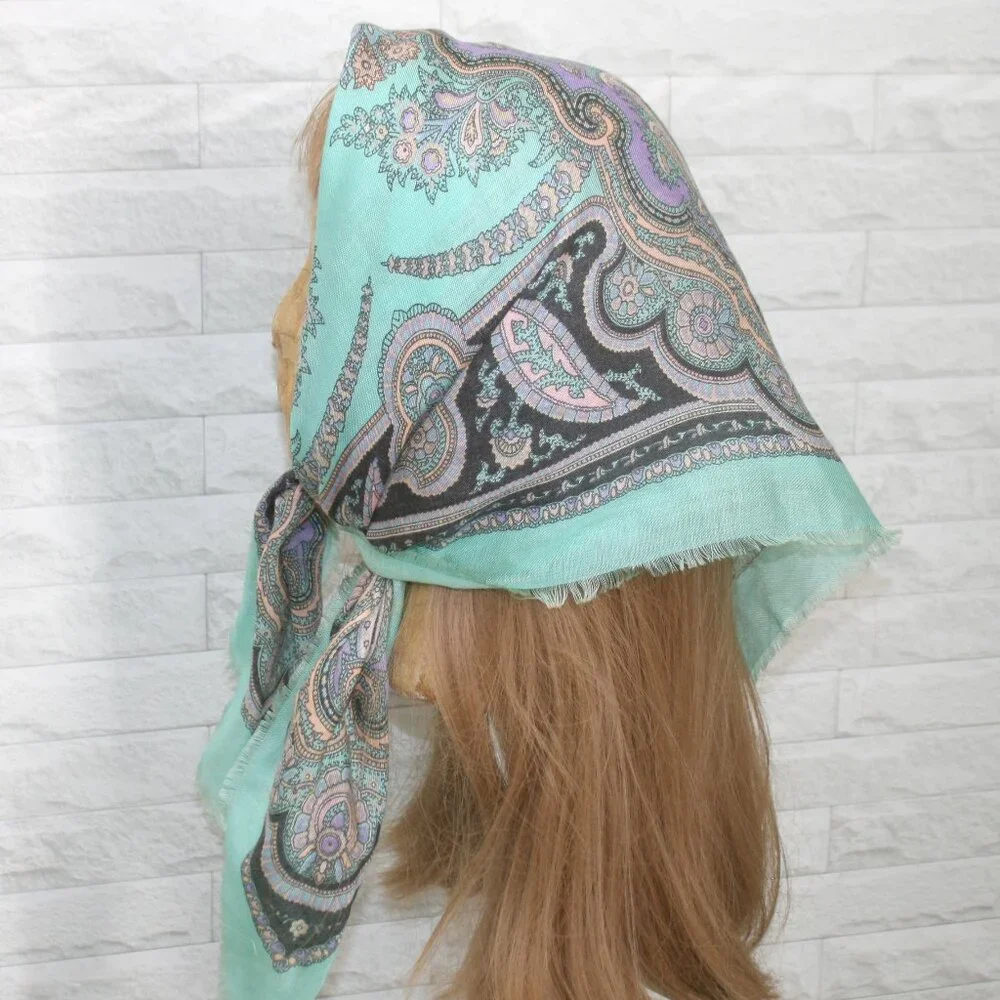VINTAGE Scarf Square Floral Headscarf Colorful Woven Paisley Aqua Pastel Spring